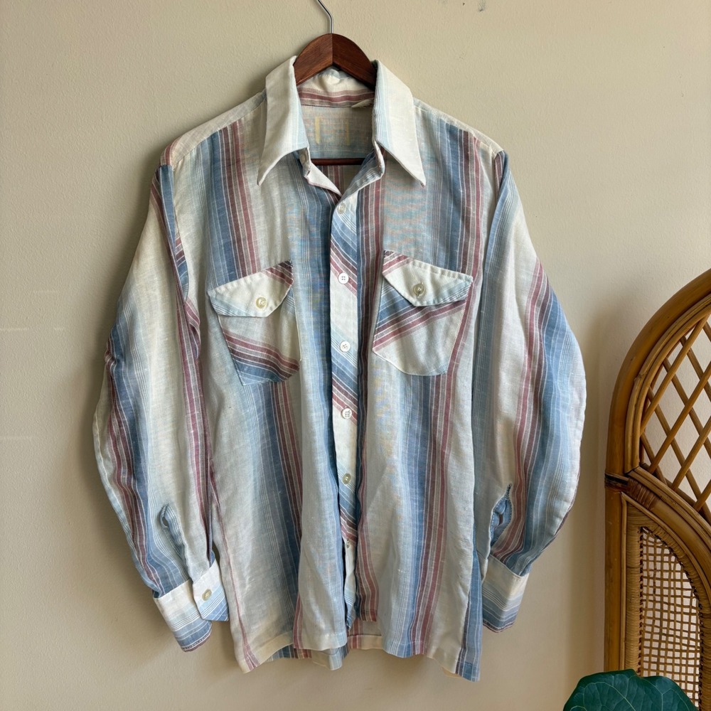 Vintage 1960's 1970's Lightweight Striped Rockabilly Western Button Down Shirt